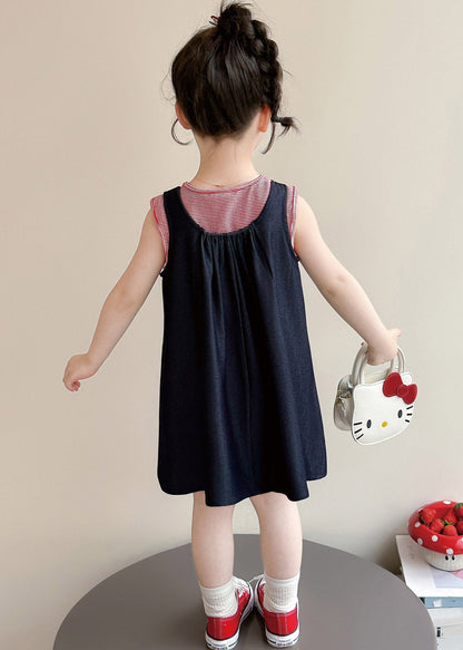 Casual Navy O-Neck Patchwork Kids Long Dresses Sleeveless