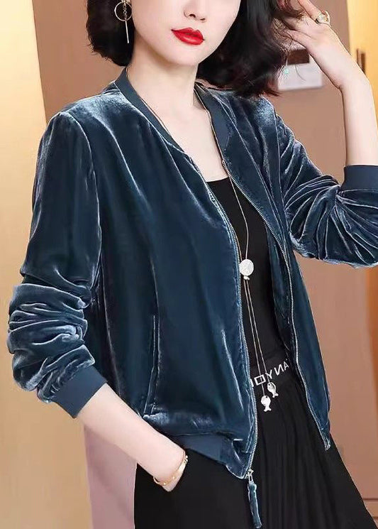 Casual Navy Zip Up Pockets Velour Jacket Spring