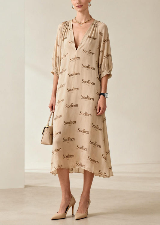 Casual Nude V Neck Print Cotton Long Dresses Summer