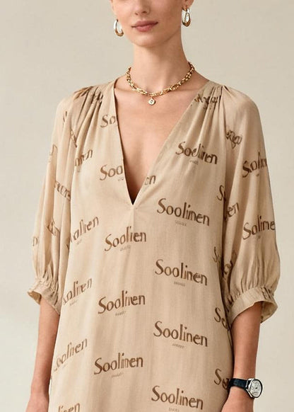 Casual Nude V Neck Print Cotton Long Dresses Summer