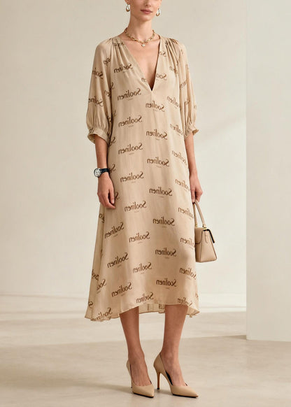 Casual Nude V Neck Print Cotton Long Dresses Summer