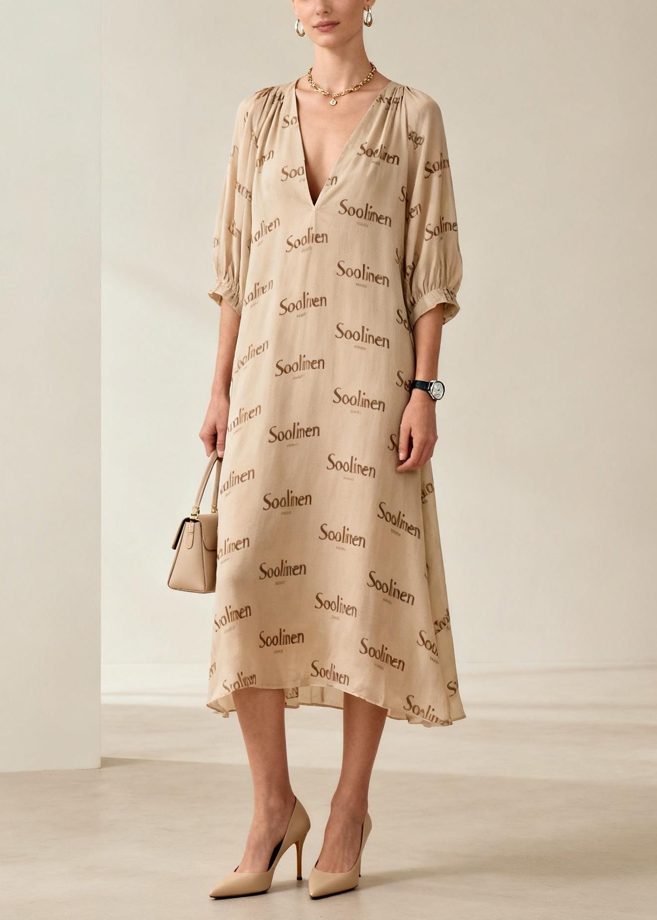 Casual Nude V Neck Print Cotton Long Dresses Summer