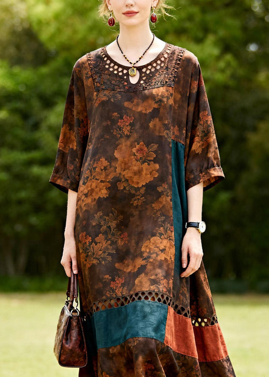 Casual O Neck Hollow Out Print Patchwork Cotton Dresses Summer