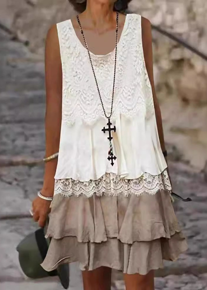 Casual O Neck Lace Patchwork Cotton Mid Dresses Sleeveless