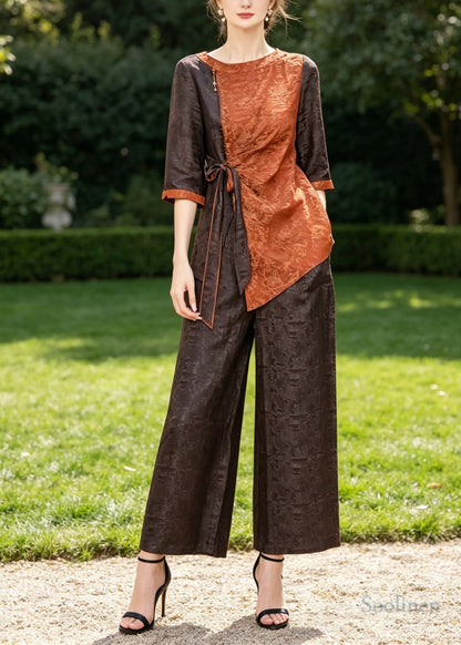 Casual Orange Asymmetrical Patchwork Jacquard Two Piece Suit Set Half Sleeve