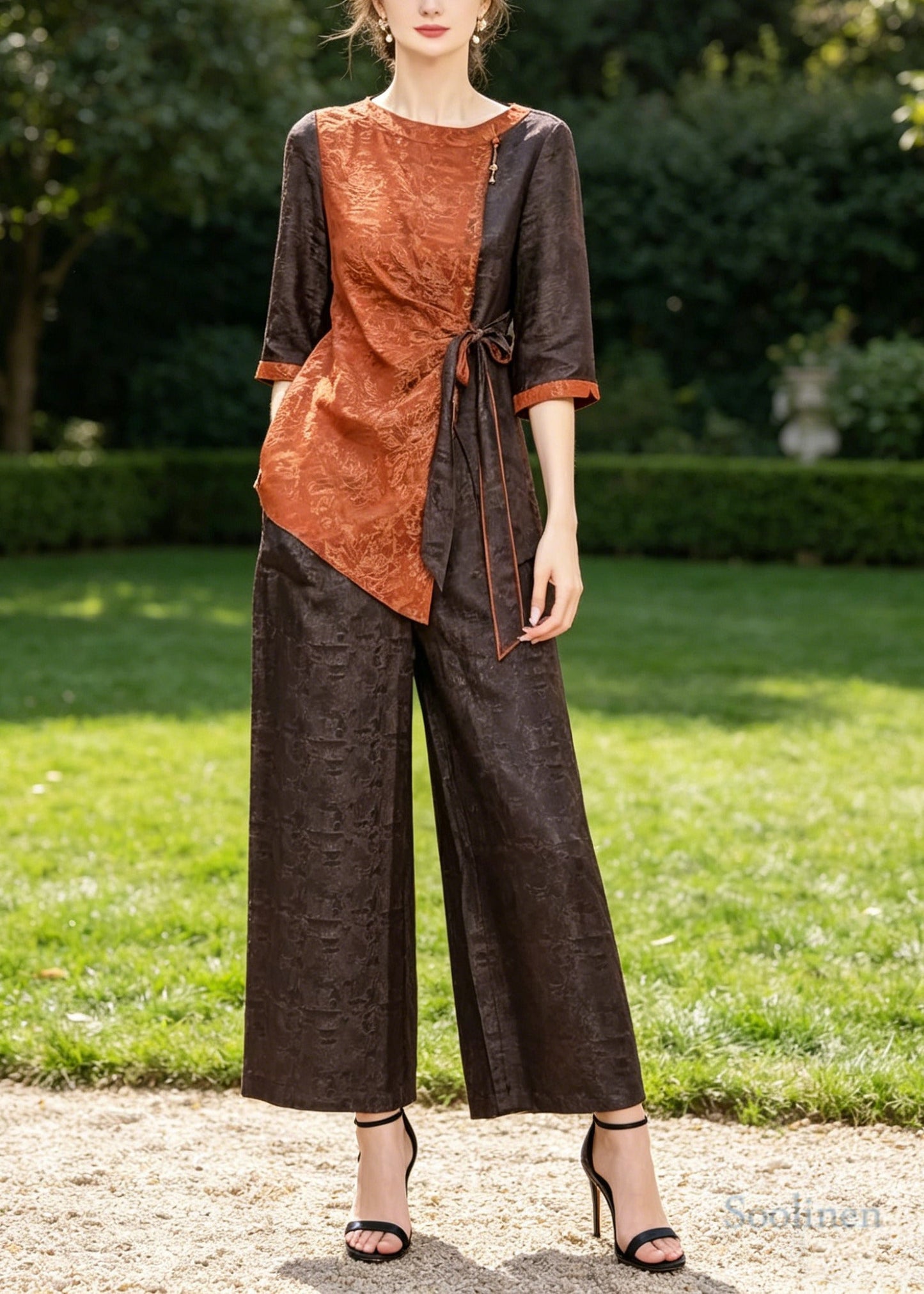 Casual Orange Asymmetrical Patchwork Jacquard Two Piece Suit Set Half Sleeve