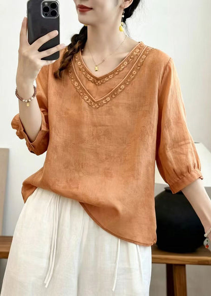Casual Orange Embroidered Oversized Linen Shirt Summer