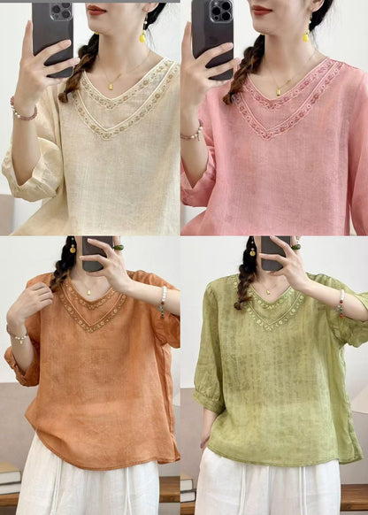 Casual Orange Embroidered Oversized Linen Shirt Summer