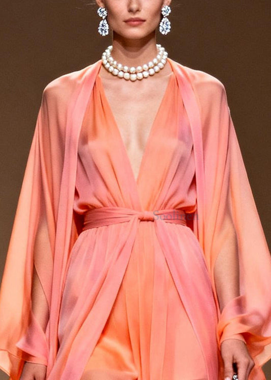 Casual Orange V Neck Draping Chiffon Dress Two Piece Set Summer
