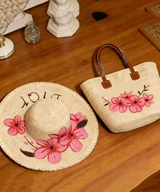 Casual Pink Flower Print Straw Woven Floppy Sun Hat And Shoulder Handbag Two Pieces Set