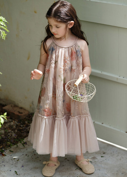 Casual Pink O-Neck Print Tulle Girls Maxi Dresses Summer
