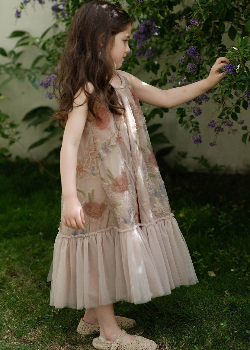 Casual Pink O-Neck Print Tulle Girls Maxi Dresses Summer