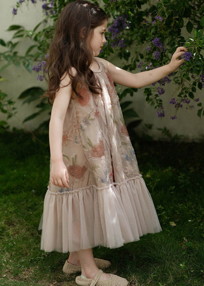Casual Pink O-Neck Print Tulle Girls Maxi Dresses Summer