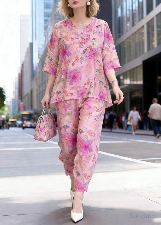 Casual Pink Oversized Print Cotton 2 Piece Outfit Summer