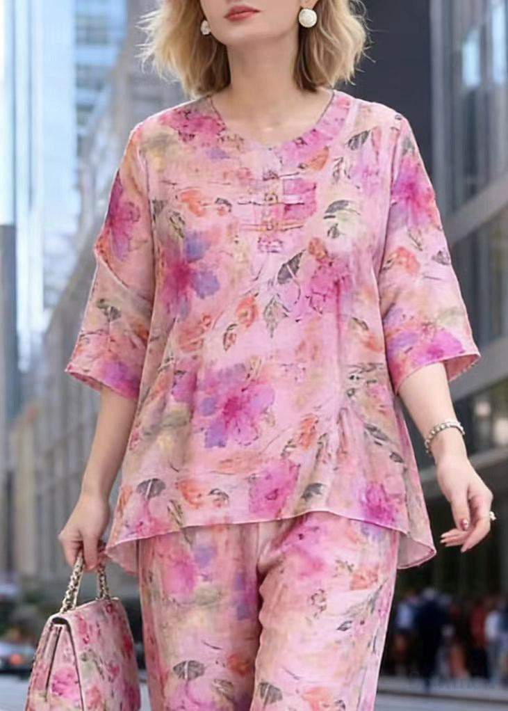 Casual Pink Oversized Print Cotton 2 Piece Outfit Summer