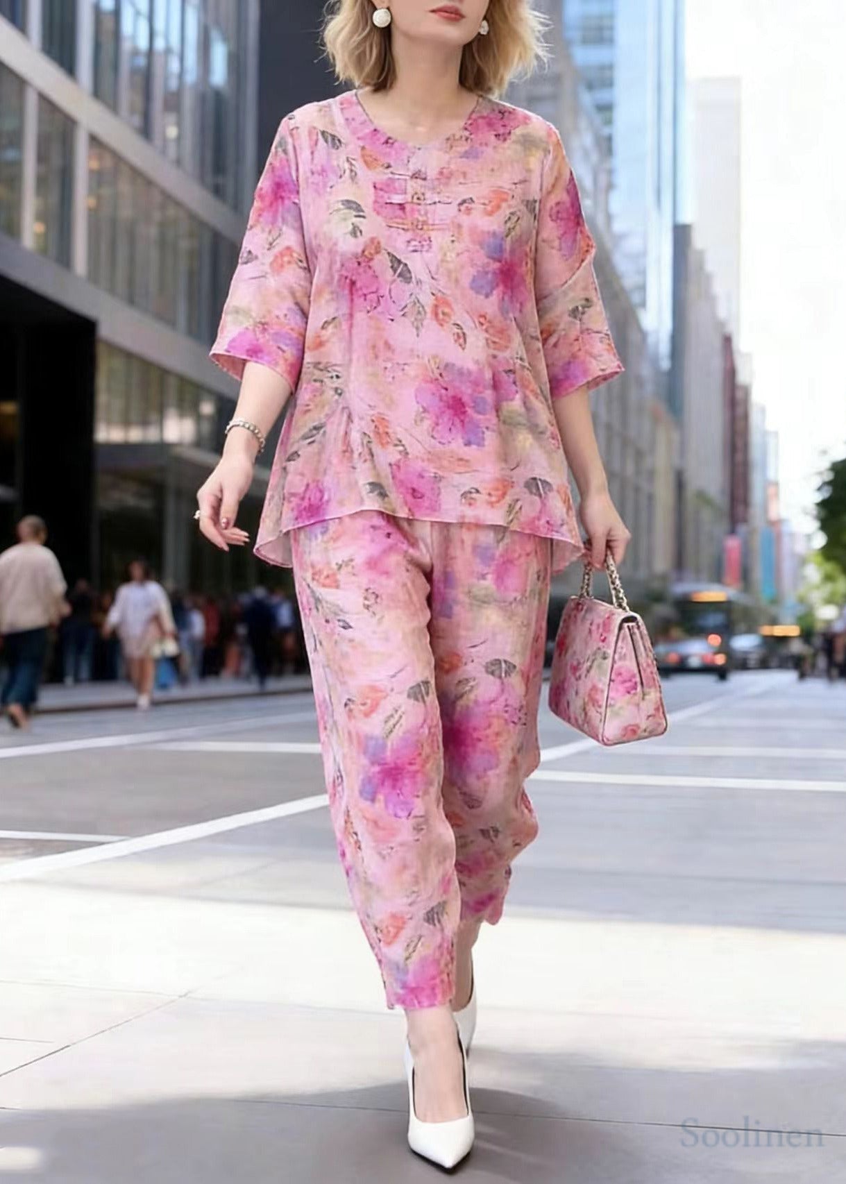 Casual Pink Oversized Print Cotton 2 Piece Outfit Summer