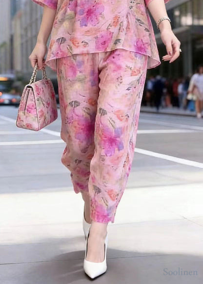 Casual Pink Oversized Print Cotton 2 Piece Outfit Summer
