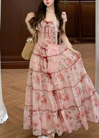 Casual Pink Print Bow Chiffon Vacation Dresses Summer