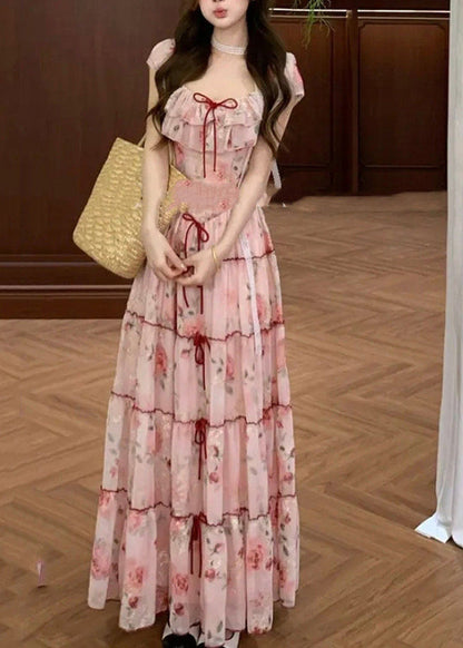 Casual Pink Print Bow Chiffon Vacation Dresses Summer