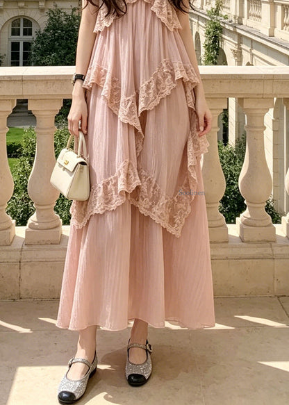 Casual Pink V Neck Lace Patchwork Maxi Spaghetti Strap Dresses Summer