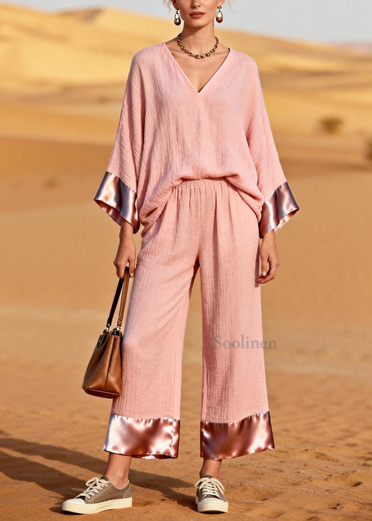 Casual Pink V Neck Patchwork Cotton Two Piece Set Women Clothing Spring