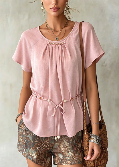 Casual Pink Wrinkled Tie Waist Chiffon Shirts Summer