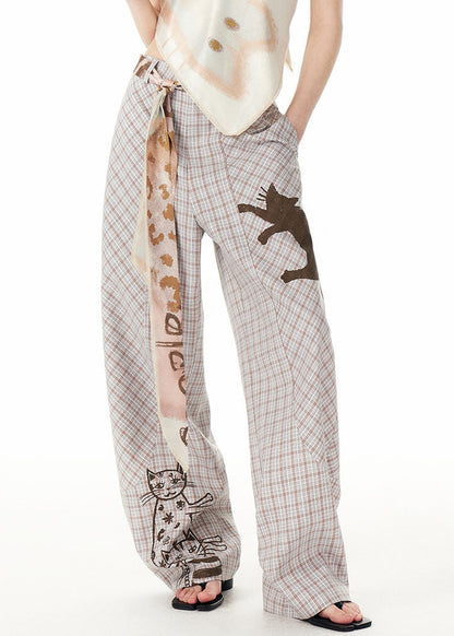 Casual Plaid Print High Waist Pockets Wide Leg Pants Fall