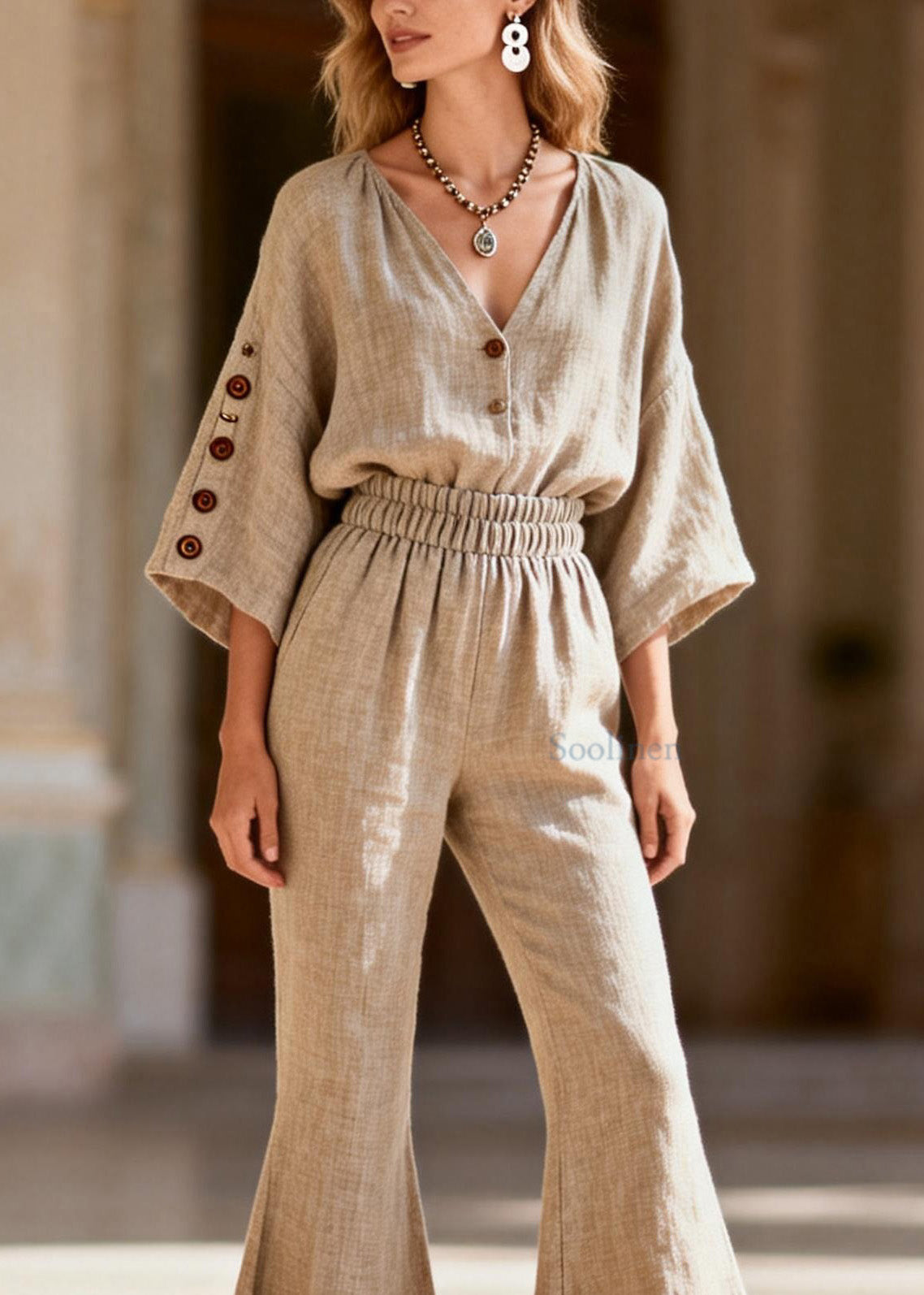 Casual Plus Size V Neck Linen Two Pieces Set Summer