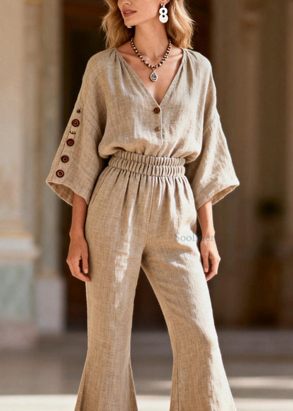 Casual Plus Size V Neck Linen Two Pieces Set Summer
