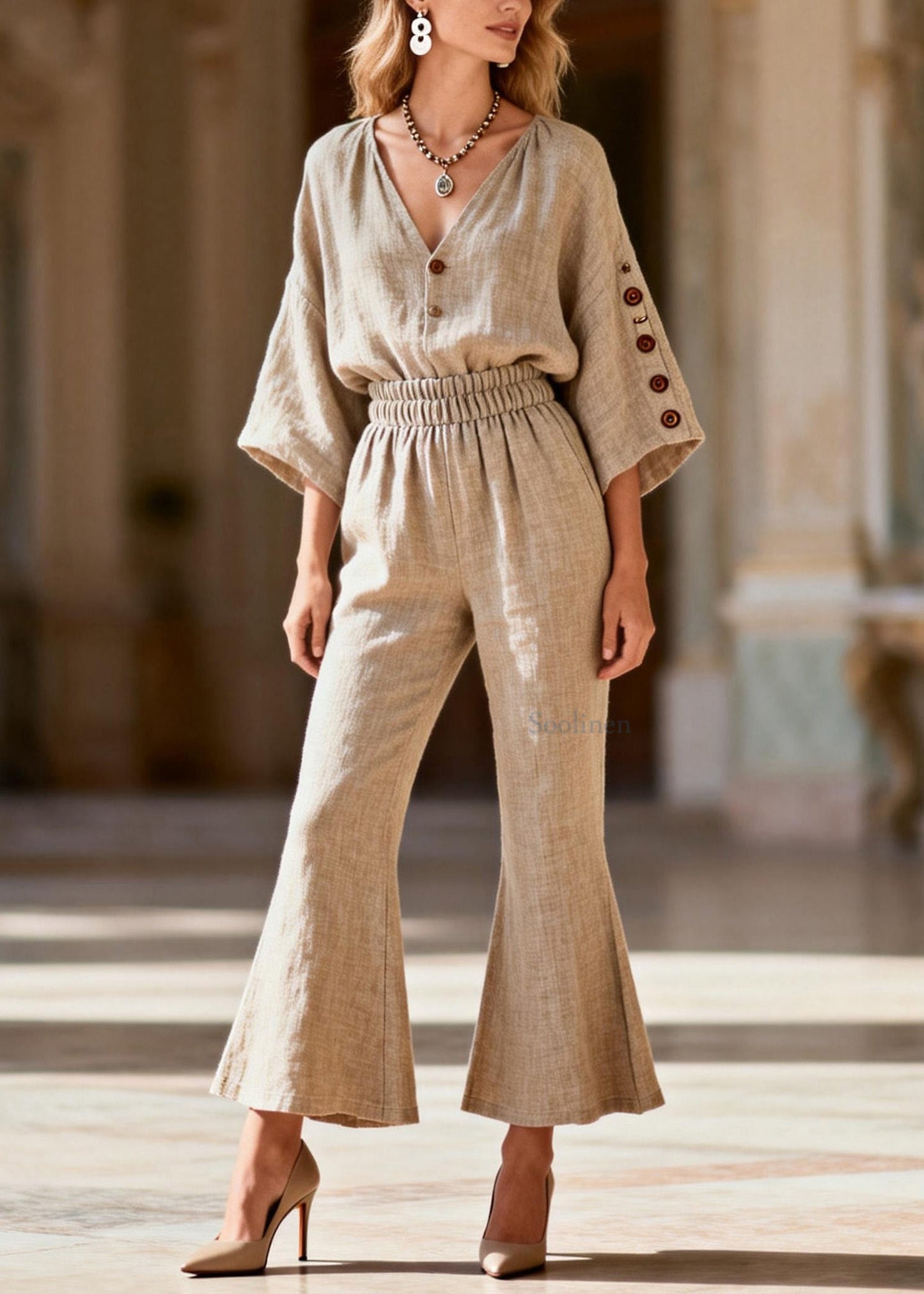 Casual Plus Size V Neck Linen Two Pieces Set Summer