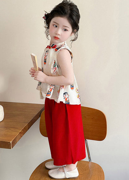 Casual Print Button Girls Vest And Crop Pants Two Piece Set Summer
