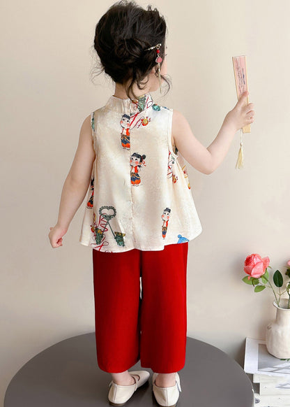 Casual Print Button Girls Vest And Crop Pants Two Piece Set Summer