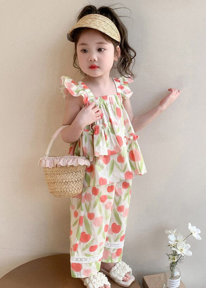 Casual Print Ruffled Girls Vest And Straight Pants Two Pieces Set Sleeveless
