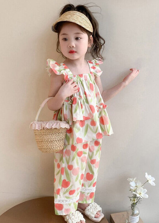 Casual Print Ruffled Girls Vest And Straight Pants Two Pieces Set Sleeveless