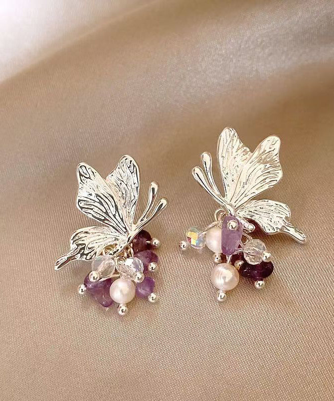 Casual Purple Copper Alloy Zircon Butterfly Pearl Stud Earrings