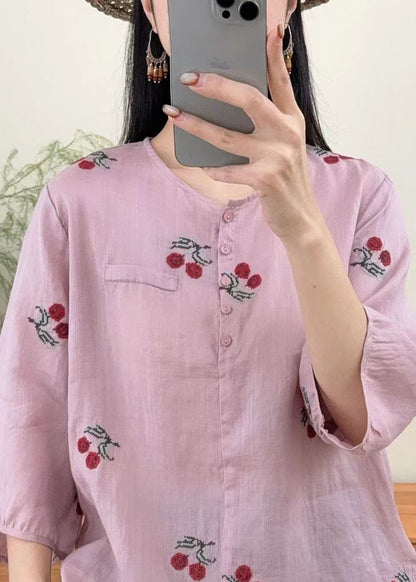 Casual Purple O Neck Embroidered Linen Shirts Summer