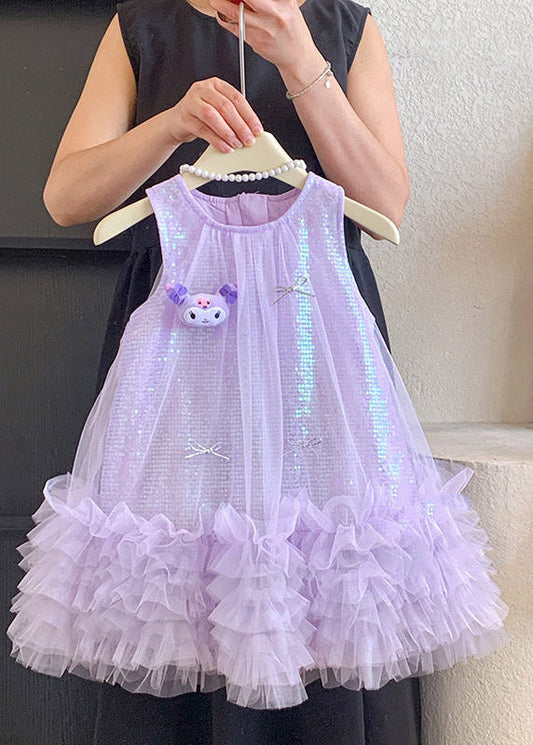 Casual Purple O-Neck Patchwork Tulle Kids Long Dress Sleeveless