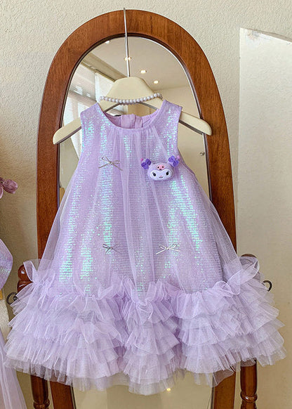 Casual Purple O-Neck Patchwork Tulle Kids Long Dress Sleeveless