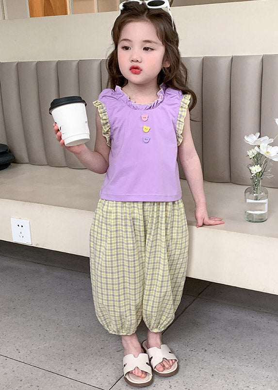 Casual Purple Patchwork Girls Top And Crop Pants Two Pieces Set Summer