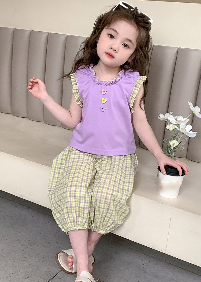 Casual Purple Patchwork Girls Top And Crop Pants Two Pieces Set Summer