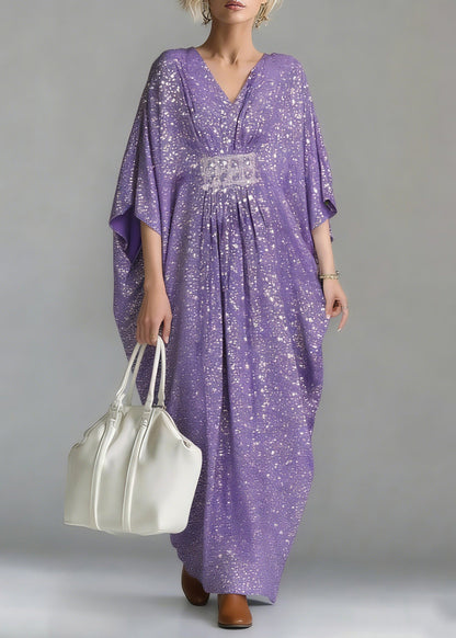 Casual Purple Sequins Tunic Holiday Long Dress Batwing Sleeve