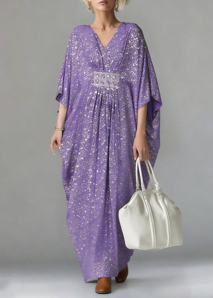 Casual Purple Sequins Tunic Holiday Long Dress Batwing Sleeve