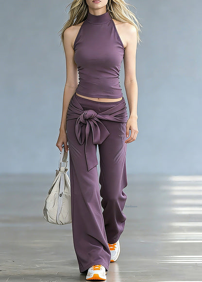 Casual Purple Turtleneck Top And Wide Leg Pants Two Pieces Set Summer