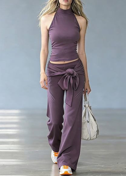 Casual Purple Turtleneck Top And Wide Leg Pants Two Pieces Set Summer