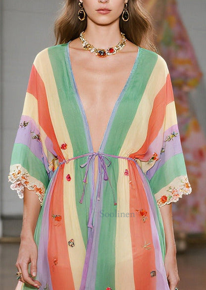 Casual Rainbow Striped Exra Large Hem Chiffon Cardigan Summer