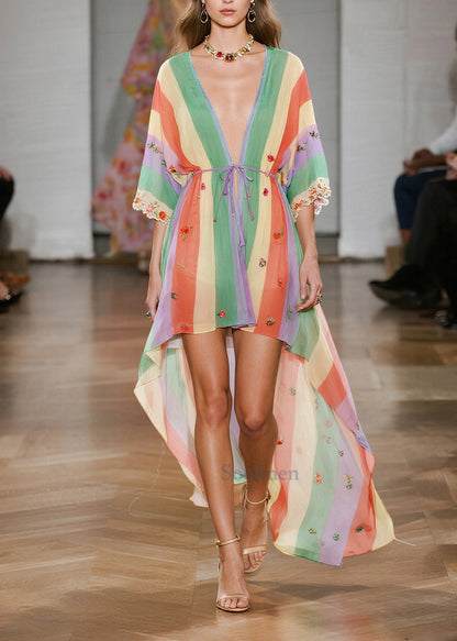 Casual Rainbow Striped Exra Large Hem Chiffon Cardigan Summer