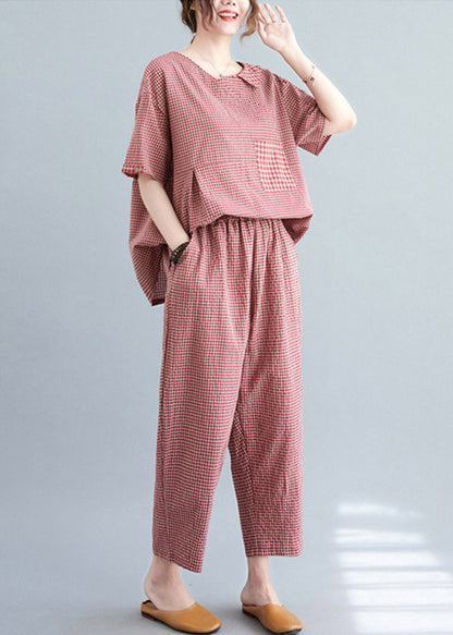 Casual Red Plaid Asymmetrical Pockets Top And Crop Pants Two Pieces Set Summer