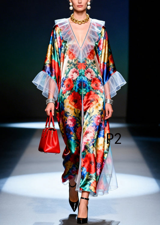 Casual Ruffled Patchwork Multicolored Floral Silk Robe Dresses Summer