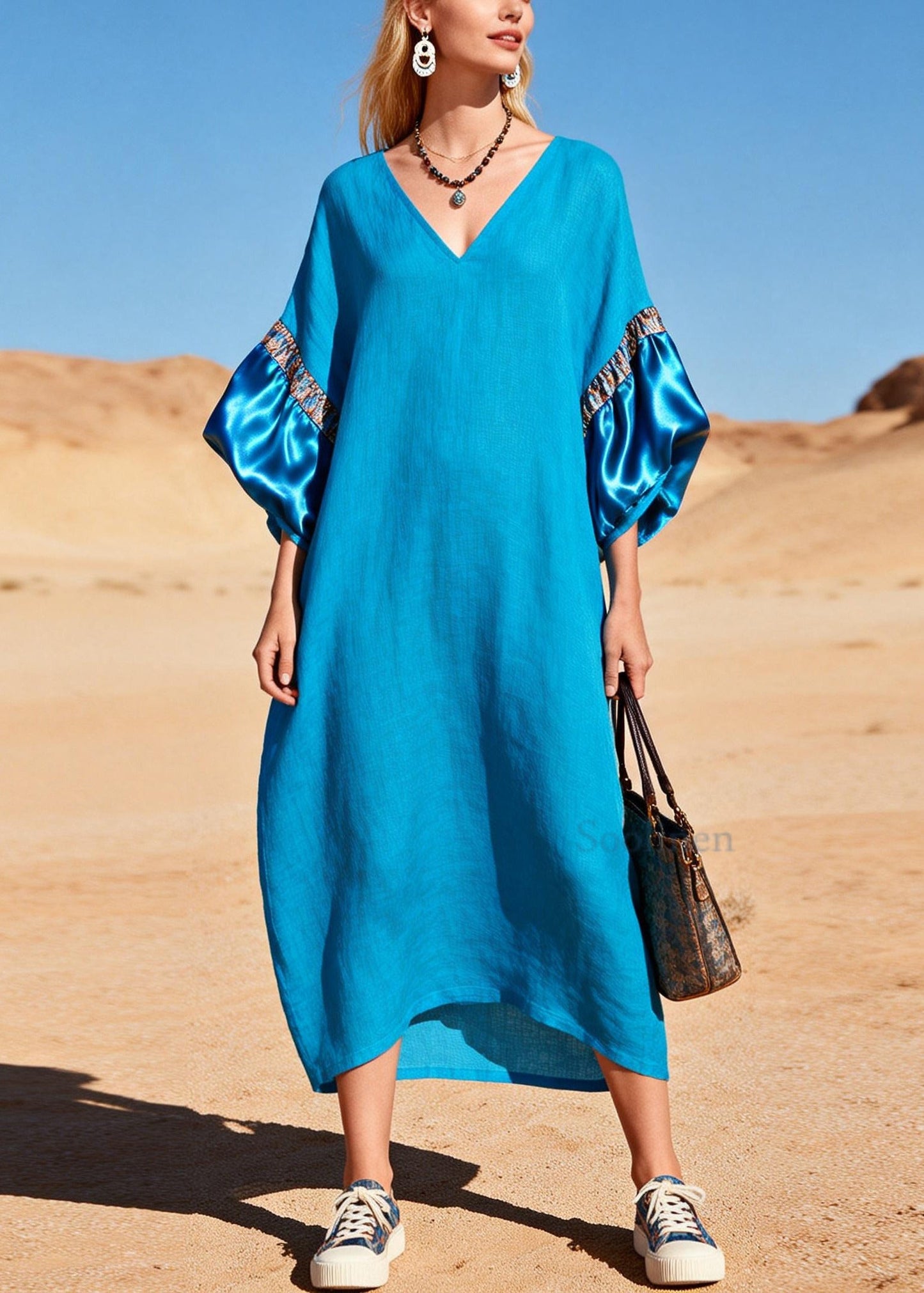 Casual Sea Blue V Neck Patchwork Cotton Maxi Dress Lantern Sleeve