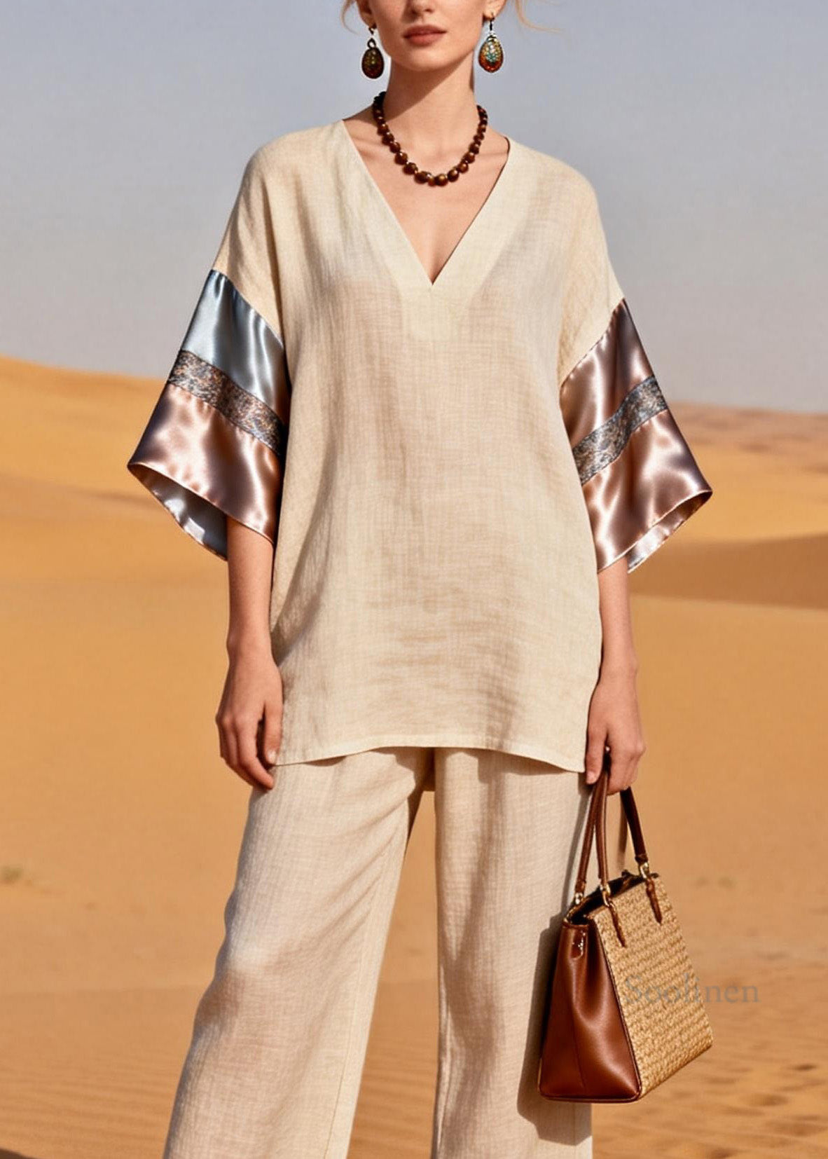 Casual V Neck Patchwork Linen Silk Women Sets 2 Pieces Summer